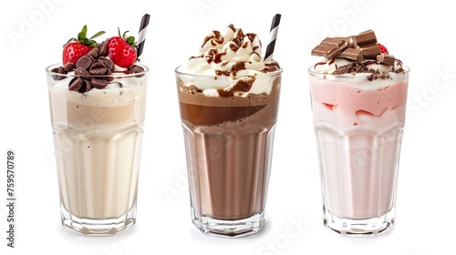 Three glasses of various milkshakes (chocolate, strawberry and vanilla) isolated on white background
