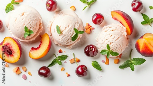 A Tempting Scoop of Creamy Ice Cream Adorned with Luscious Cherries and Freshly Picked Apples - Perfect for Summertime Treats and Dessert Delicacies