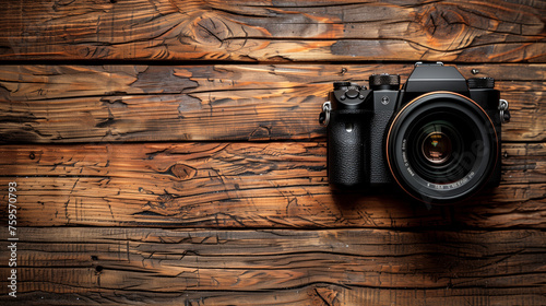 Camera on a Vintage Wooden Wall Background, with Copy Space