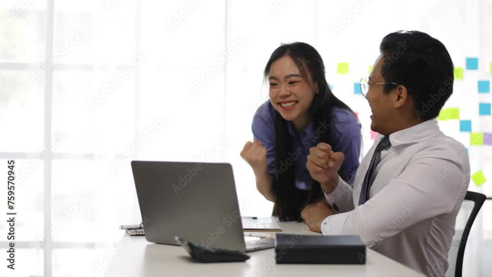 Colleagues in the office who are excited and happy to have achieved their work goals together. Successful professional teamwork. Colleagues in the office who are excited and happy to have achieved their work goals together. Successful professional teamwork.