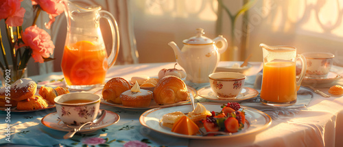 A table topped with plates of pastries and cups of tea
