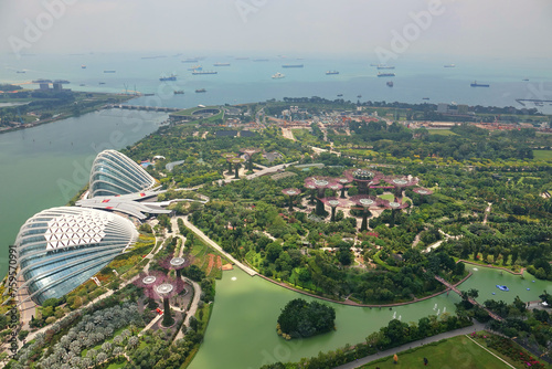 Aerial view of the gardens by the bay and singapore port