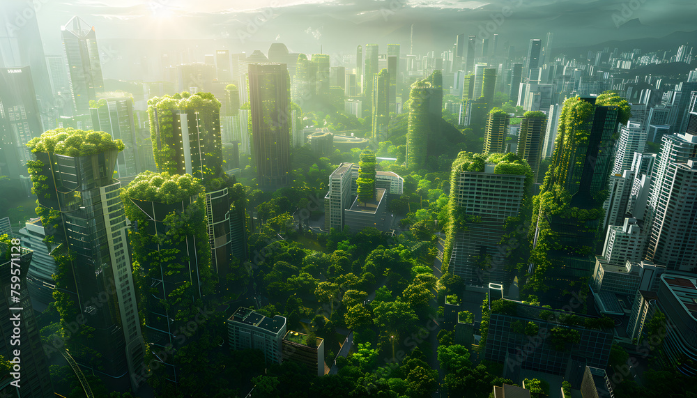 Obraz premium Spectacular eco-futuristic cityscape full of greenery and skyscrapers with manmade green spaces and parks in urban area, digital art 3d illustration