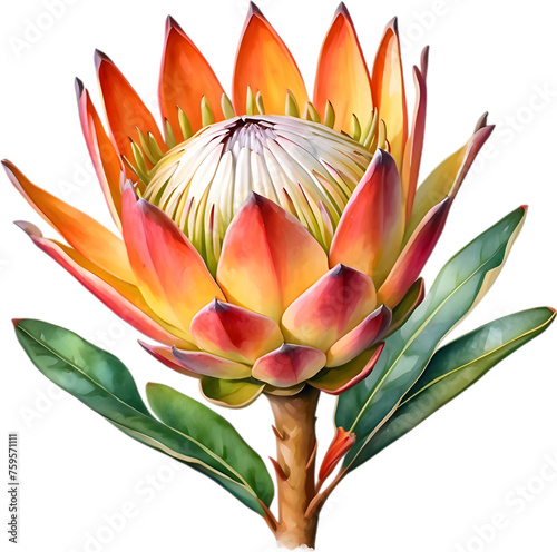 Watercolor painting of King Protea (Protea cynaroides) flower.  photo