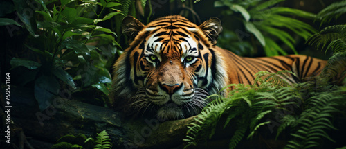 A tiger laying down in the jungle with its eyes open.