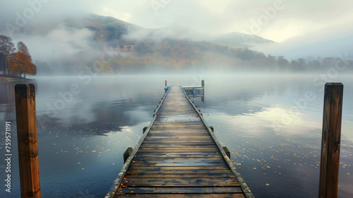 A landing jetty at Derwent water on a misty Autumn morning. Generative AI photo