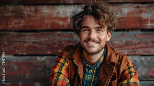 Handsome smiling, happy and pleased stoic man with positive vibes. Portrait of a joyful young man with beautiful hair and fashionable clothes. © MiniMaxi