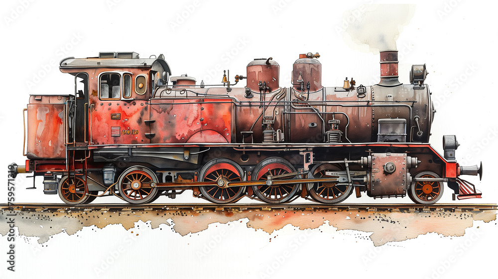 Naklejka premium A Watercolor of a Rustic Steam Locomotive Leaving a Country Stop, on White Background