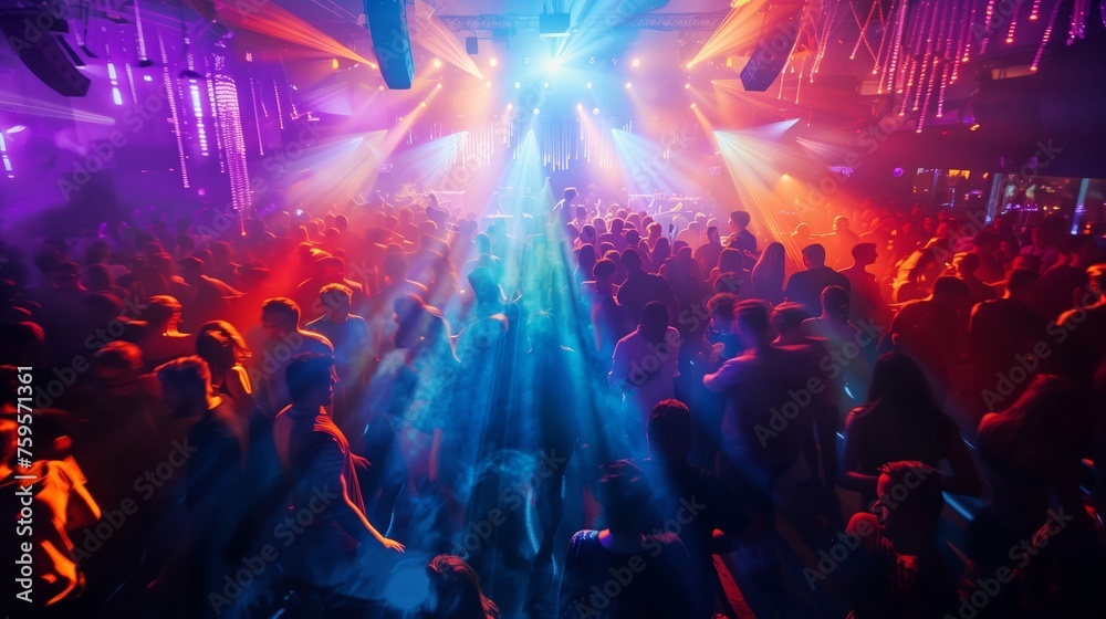 Vibrant Nightclub Scene with Energetic Crowd and Dynamic Light Show. High-Energy Party Atmosphere Perfect for Event Promotions.
