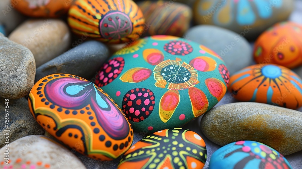 A family day of rock painting, creating vibrant and cheerful designs on smooth stones.