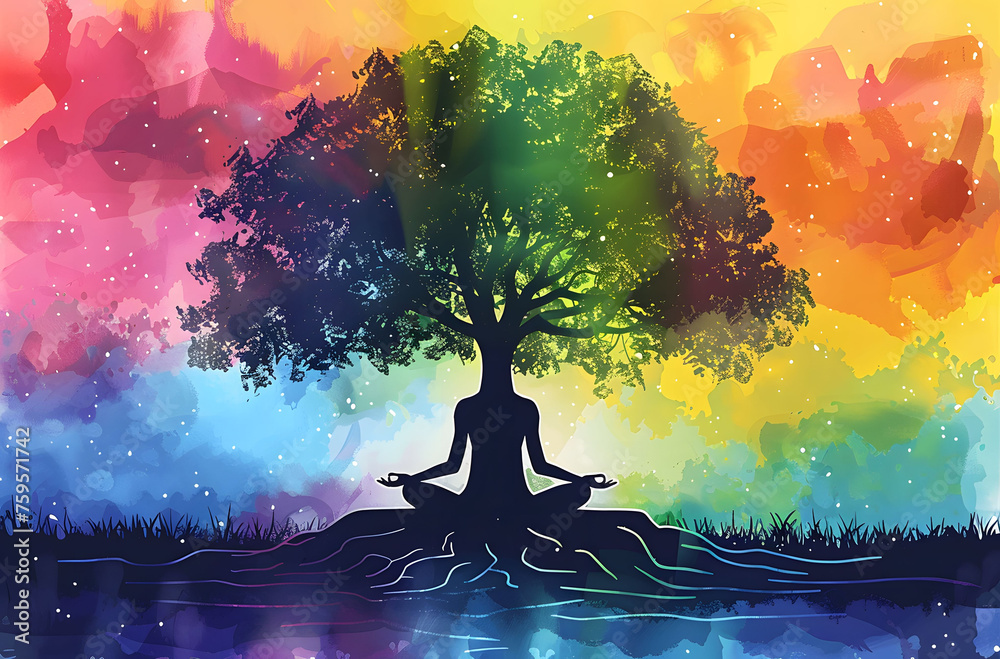 Silhouette of a person meditating under a tree, with vibrant colors representing each chakra, symbolizing energy flow. Visualize inner balance and well-being. copy space. - obrazy, fototapety, plakaty 