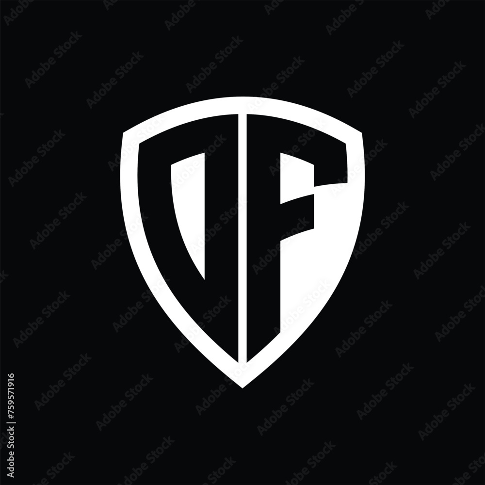 DF monogram logo with bold letters shield shape with black and white color design DF monogram logo with bold letters shield shape with black and white color design