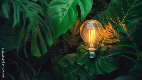 Eco-friendly LED filament bulbs glowing warmly, symbolizing sustainable lighting solutions powered by clean energy, emphasizing reduced electricity costs and environmental conservation.