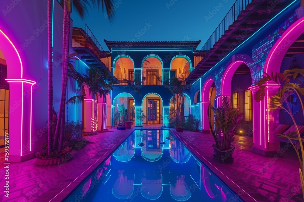 A Mexican hacienda reimagined with neon accents and holographic features, echoing a retro-futuristic vibe.