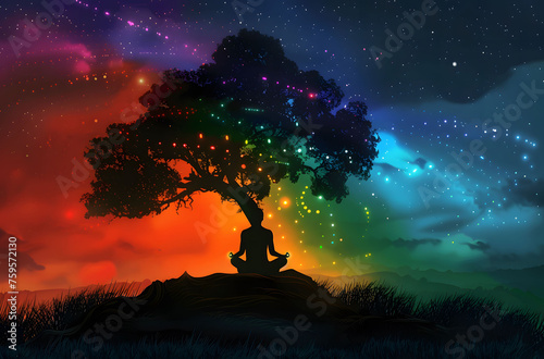 Silhouette of a person meditating under a tree, with vibrant colors representing each chakra, symbolizing energy flow. Visualize inner balance and well-being. copy space.