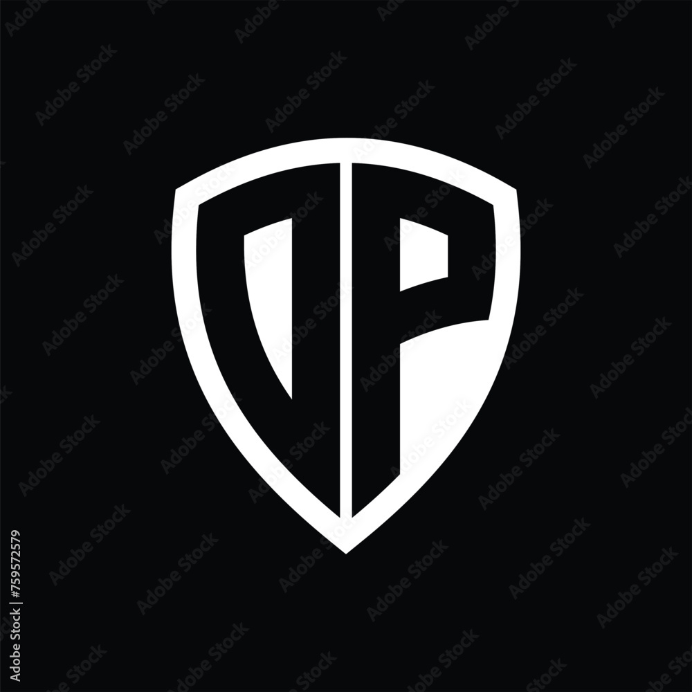 DP monogram logo with bold letters shield shape with black and white color design DP monogram logo with bold letters shield shape with black and white color design