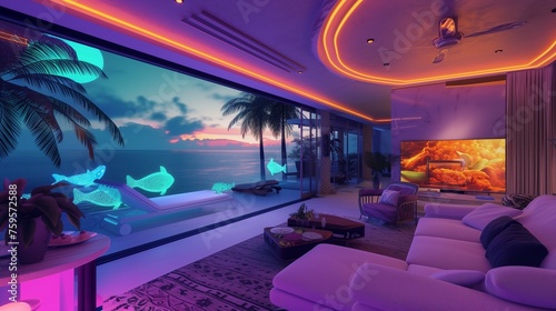 A Jamaican retro-futuristic beachfront villa with reggae-inspired smart lighting