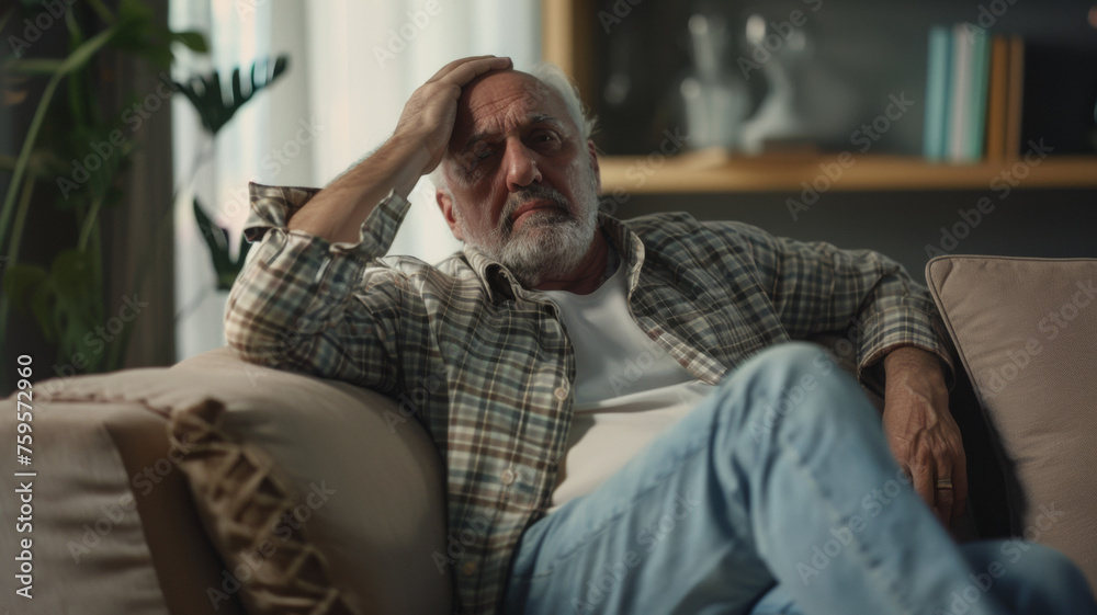 Concerned senior man sits on a couch, deeply contemplating with a hand on his forehead. Concerned senior man sits on a couch, deeply contemplating with a hand on his forehead.