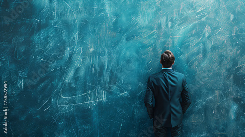 Businessman standing as if he is going to run or pursue his goal on the blue chalkboard background. Beginning of one's career. Face up to difficulties. Ready to chase success and profit. Generative AI