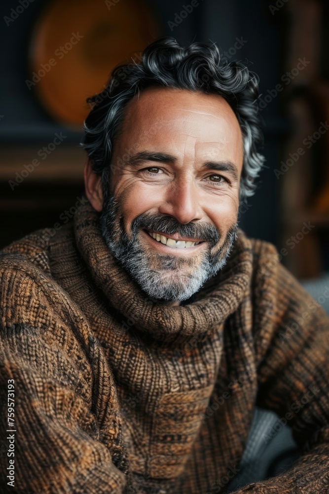 Obraz premium Handsome smiling, happy and pleased stoic man with positive vibes. Portrait of a joyful young man with beautiful hair and fashionable clothes.