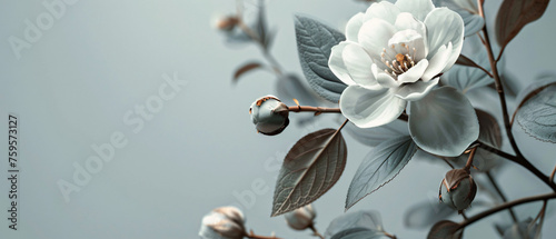 A white flower on a gray background with leaves 