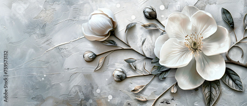 A white flower on a gray background with leaves 