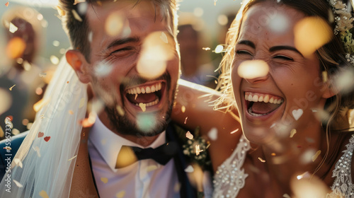 Caucasian happy romantic young couple celebrating their marriage. Generative AI photo