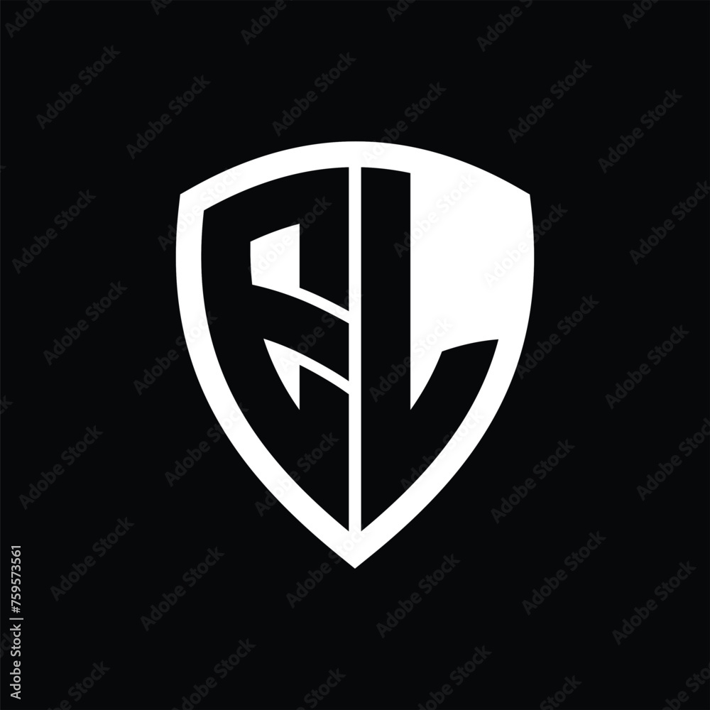 EL monogram logo with bold letters shield shape with black and white color design EL monogram logo with bold letters shield shape with black and white color design