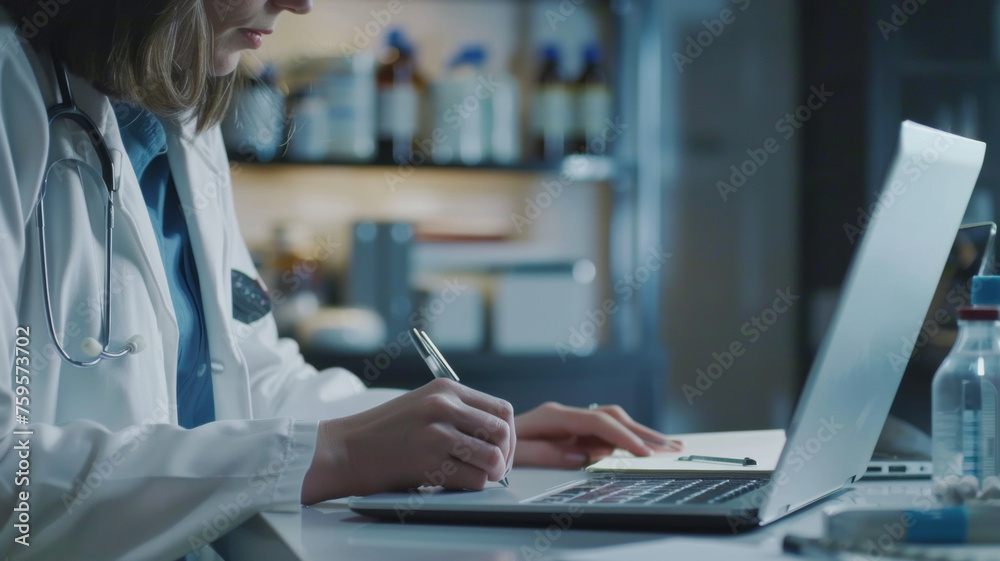 Doctor working late, researching on laptop with notebook in hand. Doctor working late, researching on laptop with notebook in hand.