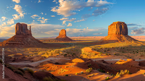 Classic panorama view of historic U.S. Route 163 running through famous Monument Valley in beautiful golden evening light at sunset on a beautiful sunny day with blue sky in summer  Utah  USA. 