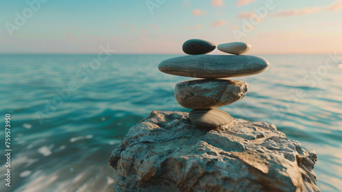 Concept of harmony and balance. Balance stones against the sea. Rock zen in the form of scales. Generative AI