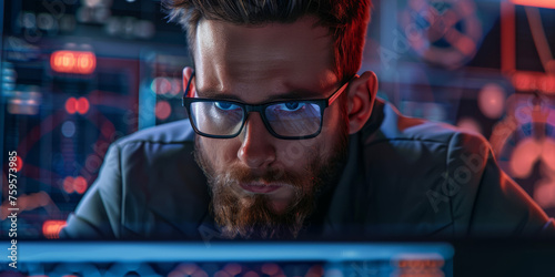 A focused man analyzing data at a workspace surrounded by neon lights, exuding a futuristic cyber-tech mood