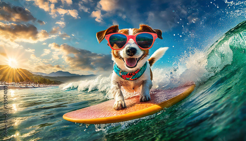Dog surfing on a wave on ocean, sea on summer, vacation holidays concept © Viktorija