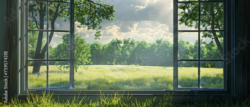 A window with a view of a grassy field and trees.