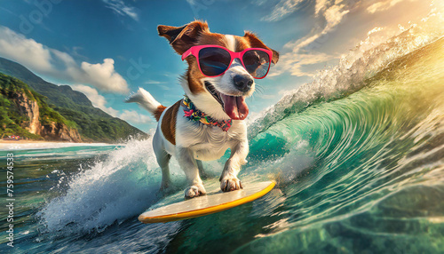 Dog surfing on a wave on ocean, sea on summer, vacation holidays concept photo