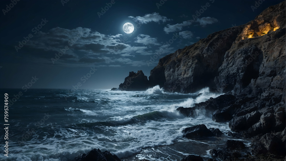 A breathtaking view of a coastal cliffside illuminated by the soft glow of moonlight reflecting off the calm ocean below