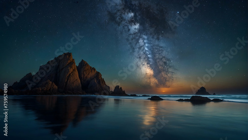 A captivating photorealistic seascape showcasing the silhouettes of rugged rocks against the backdrop of a starry night sky