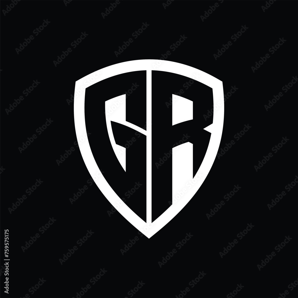 GR monogram logo with bold letters shield shape with black and white color design GR monogram logo with bold letters shield shape with black and white color design