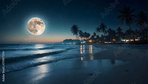 A serene beach scene under the light of a full moon, with the silhouette of palm trees swaying in the gentle breeze