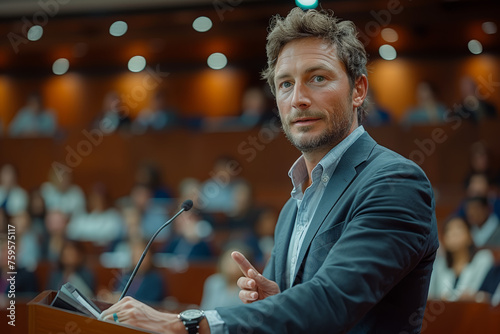An executive making a confident presentation during a corporate conference, capturing the attention of the audience. Concept of impactful public speaking. Generative Ai.