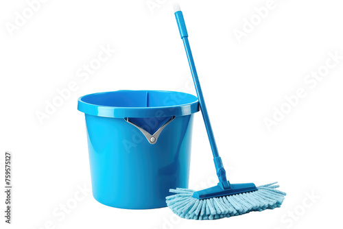 Blue Bucket and Mop on White Background. on a White or Clear Surface PNG Transparent Background.