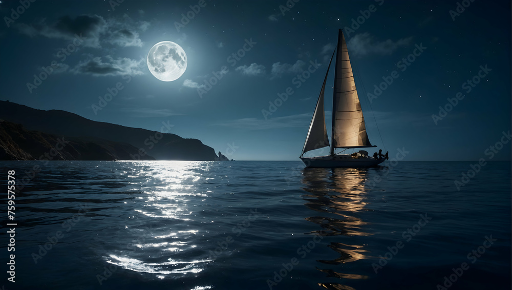 An enchanting coastal landscape bathed in the glow of moonlight, with the silhouette of a sailboat gliding gracefully across the water An enchanting coastal landscape bathed in the glow of moonlight, with the silhouette of a sailboat gliding gracefully across the water