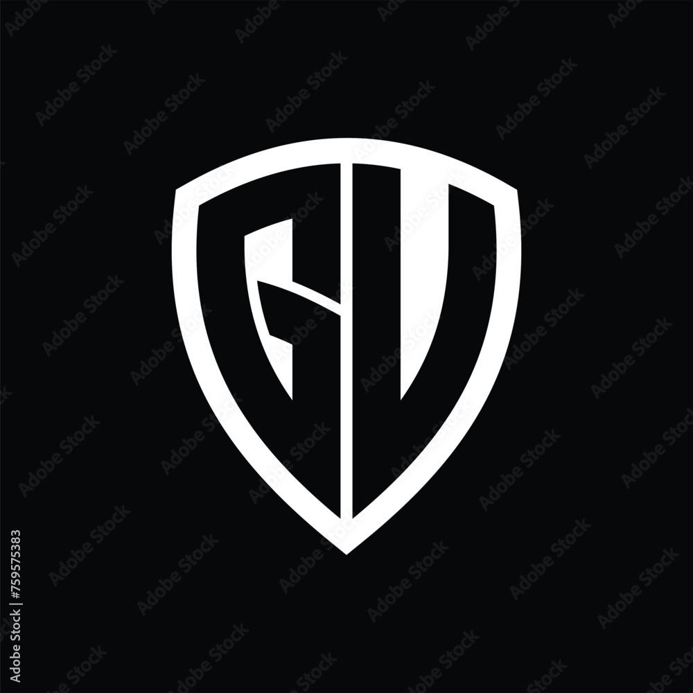 GU monogram logo with bold letters shield shape with black and white color design