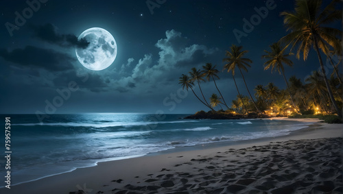 An enchanting beach scene under the moonlight  with palm trees swaying gently in the cool ocean breeze