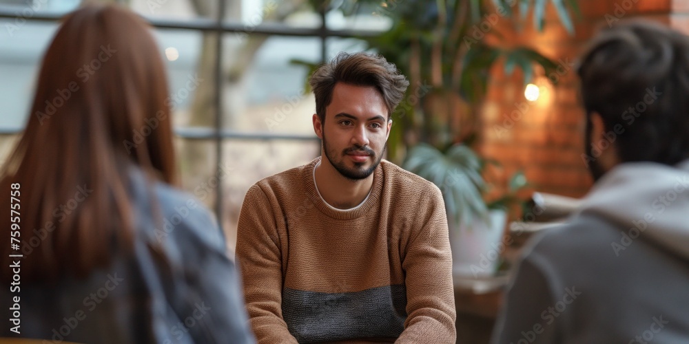 Diverse people sitting in a close circle and talking to a therapist. Group therapy session Diverse people sitting in a close circle and talking to a therapist. Group therapy session