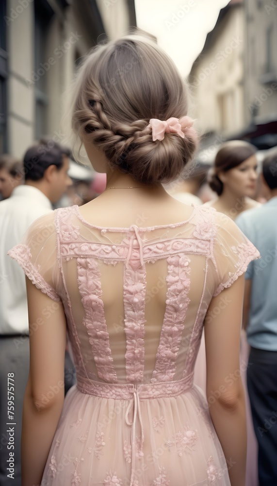 Naklejka premium Beautiful lady in a light pink dress back view