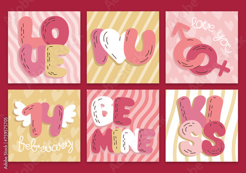 Set of flat vector cute Valentine's Day cards with lettering