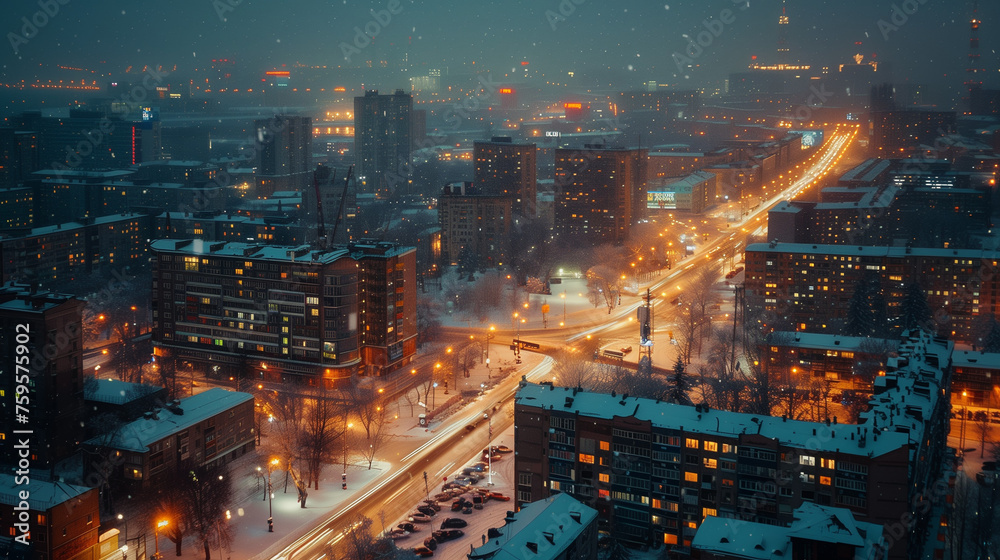 Snowy Evening Cityscape with Glowing Streets Snowy Evening Cityscape with Glowing Streets