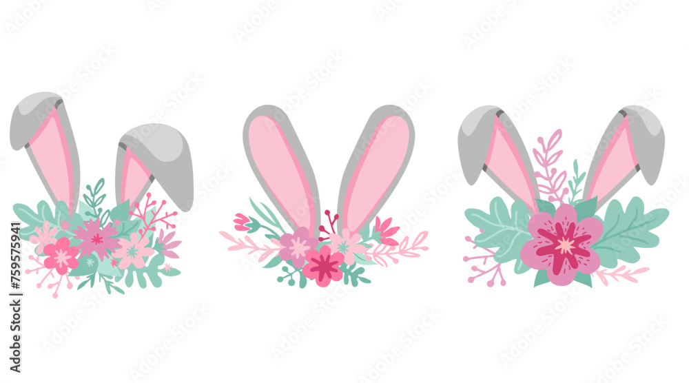 Easter phrases. Text greeting card templates with Easter eggs, bunny ears and spring flowers isolated on white background. Set of hand drawn lettering. Happy Easter