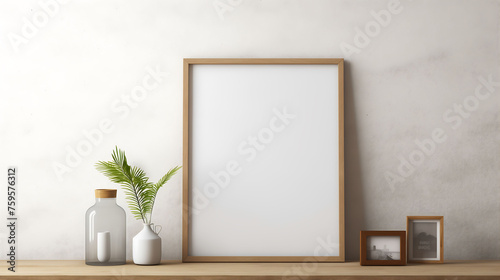 Empty mockup poster frame on wooden shelf